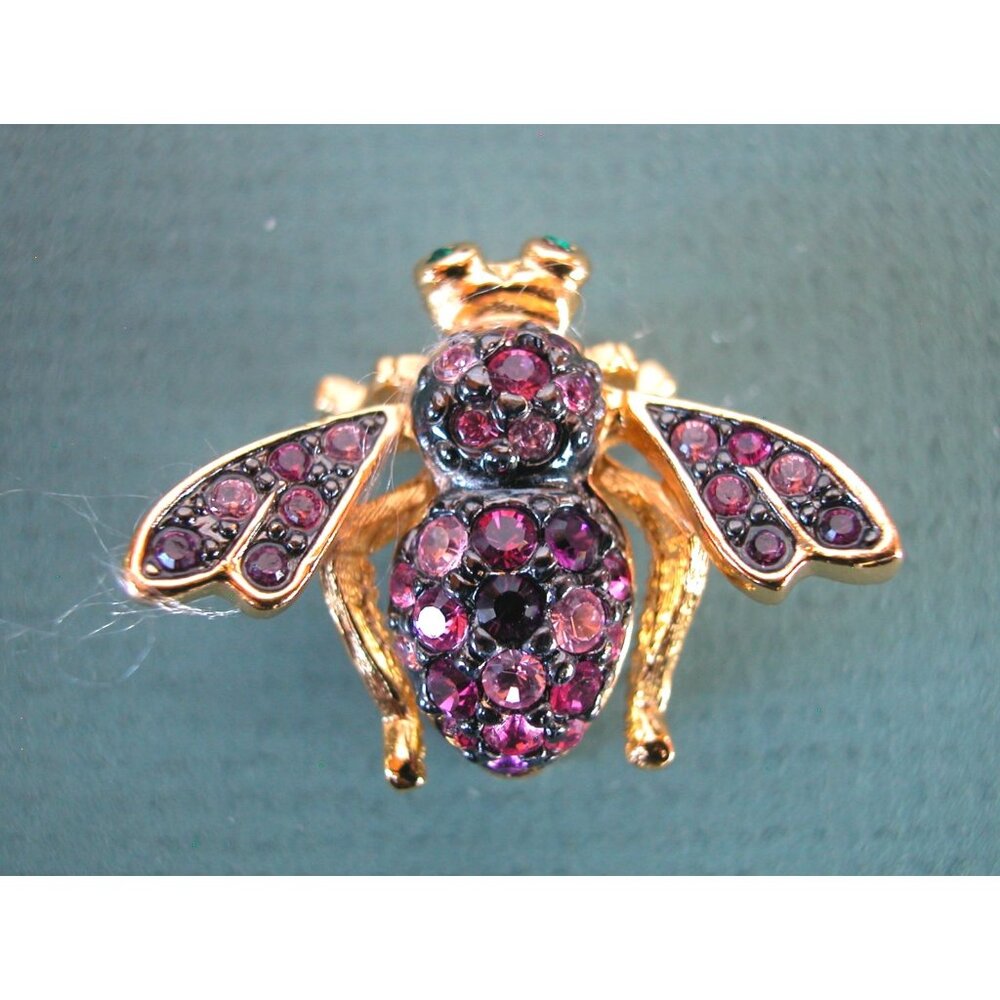 RARE Joan Rivers BEE PIN Bug Brooch Pink Tourmaline w/ Emerald Green Eyes